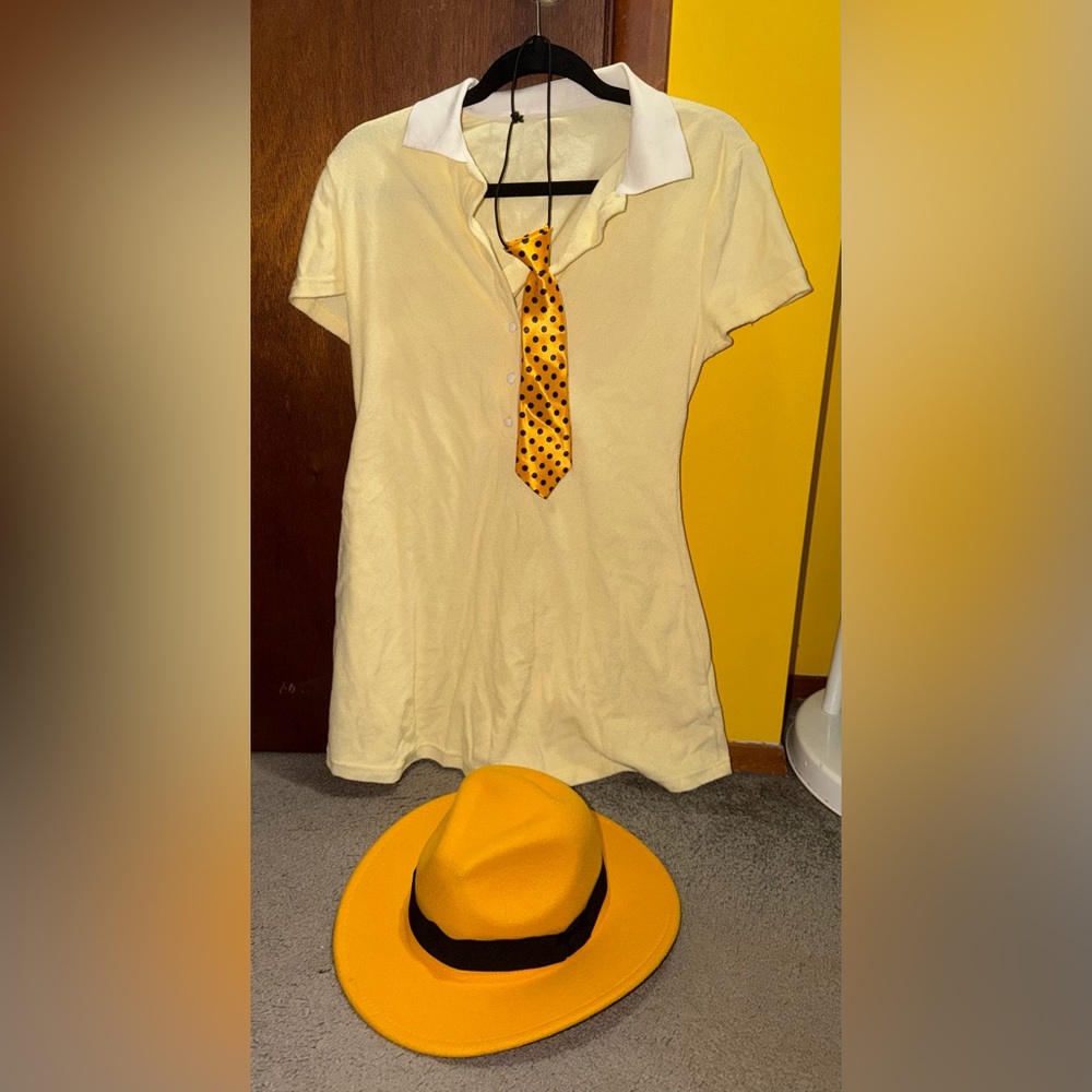 Man in the Yellow Hat Costume - Yellow Shirt Dress with Polka Dot Tie and Hat